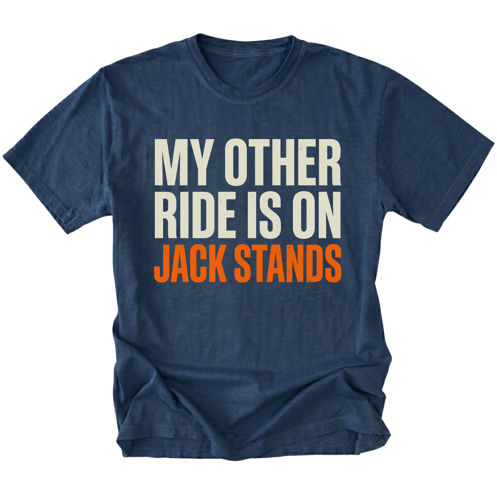 Navy t-shirt with My Other Ride Is On Jack Stands text design shown front view by Trail Snark.