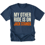 Navy t-shirt with My Other Ride Is On Jack Stands text design shown front view by Trail Snark.