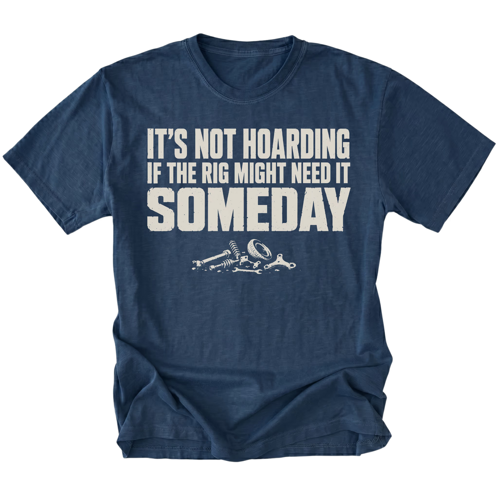 Navy t-shirt featuring the Parts Hoard design on the front by Trail Snark.
