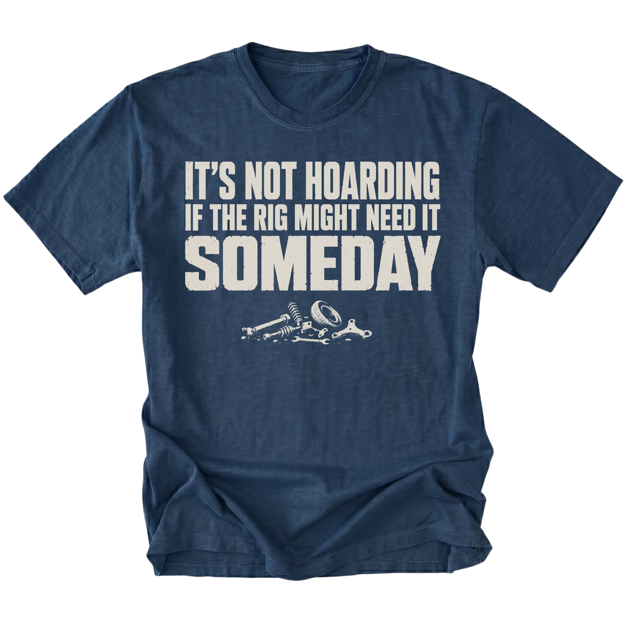 Navy t-shirt featuring the Parts Hoard design on the front by Trail Snark.