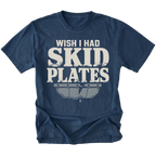 A navy blue short-sleeve t-shirt with a distressed white and gray graphic on the front that reads 'WISH I HAD SKID PLATES' above a stylized car bumper graphic, shown on a plain white background.