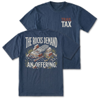 Two navy blue short-sleeve t-shirts shown on a white background, with the front and back views overlapping. The front has a small 'TRAIL TAX' logo in orange and white on the left chest.