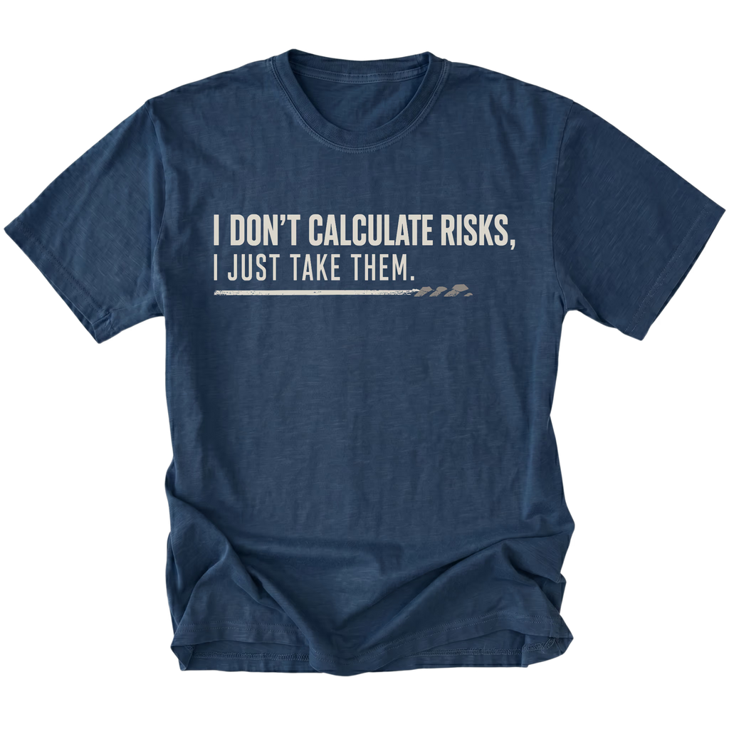 Navy T-shirt featuring the Risk Taker design on the front by Trail Snark.