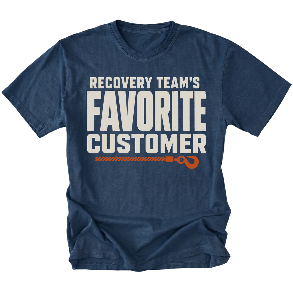 Navy T-shirt featuring the Favorite Customer recovery design on the front by Trail Snark.