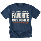Navy T-shirt featuring the Favorite Customer recovery design on the front by Trail Snark.