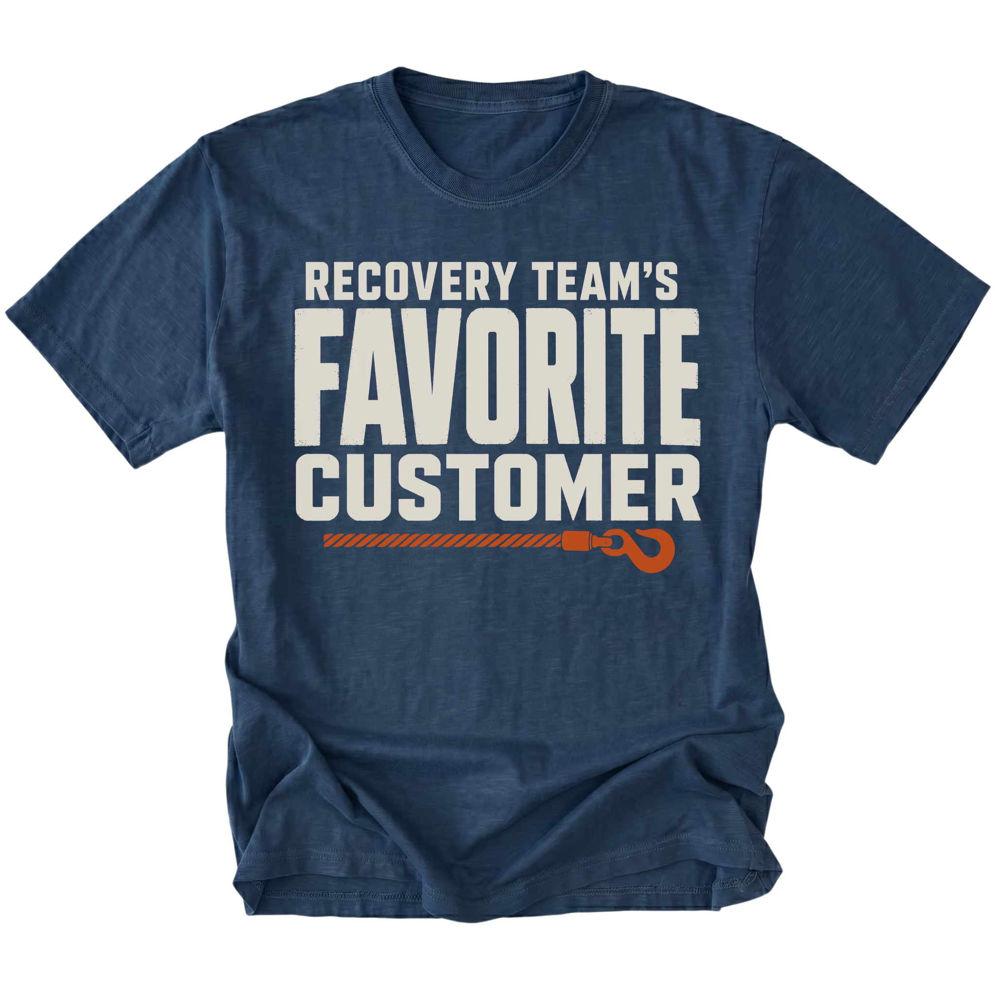 Navy T-shirt featuring the Favorite Customer recovery design on the front by Trail Snark.