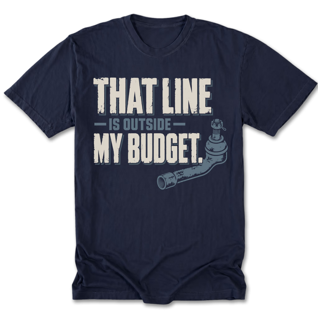 Navy tall tee featuring the Outside Budget trail line design on the front by Trail Snark.