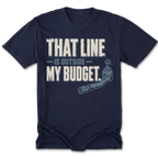 Navy tall tee featuring the Outside Budget trail line design on the front by Trail Snark.