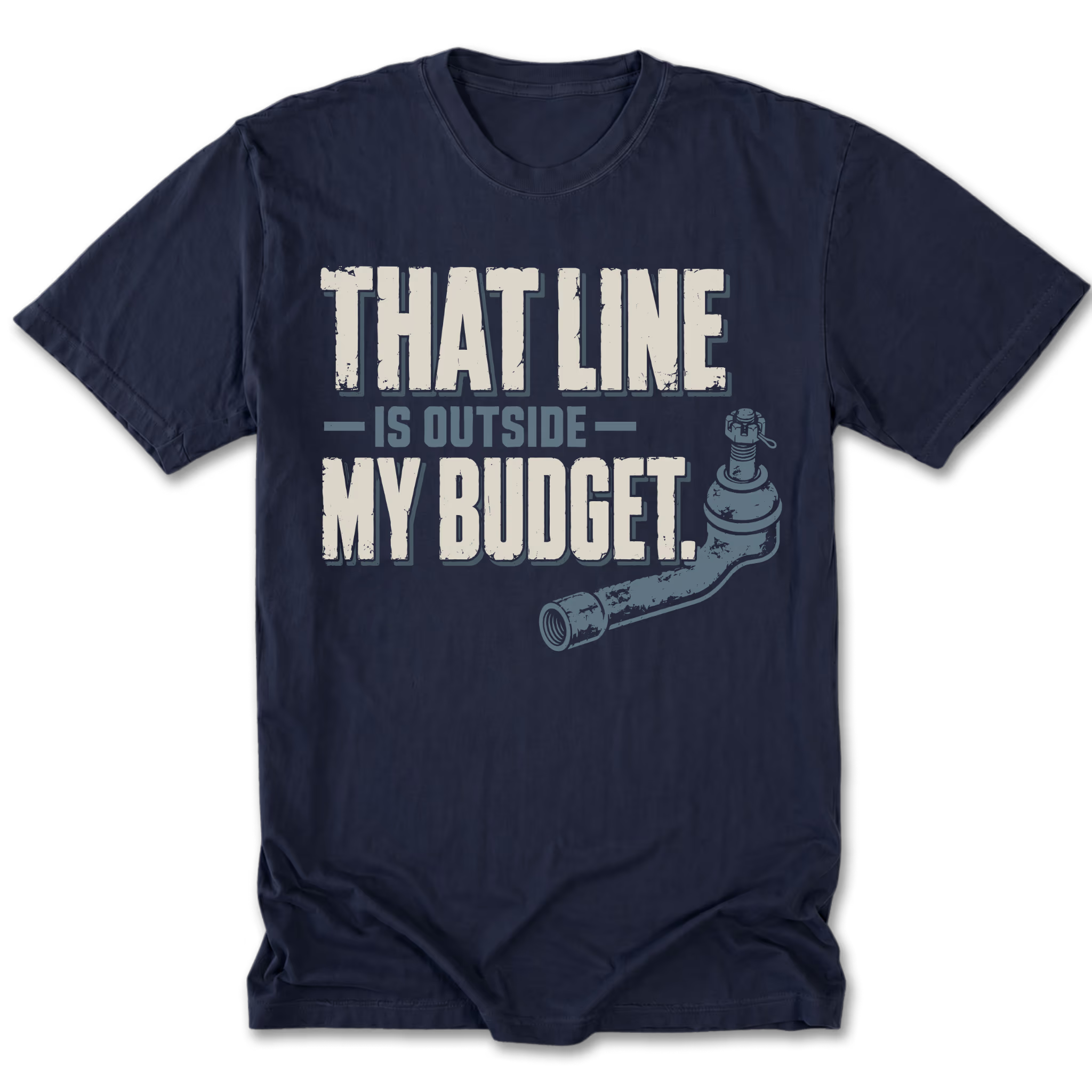 Navy tall tee featuring the Outside Budget trail line design on the front by Trail Snark.