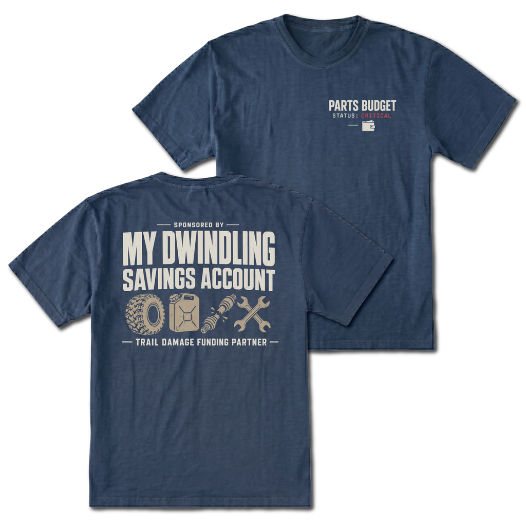 Navy T-shirt with Parts Budget Status Critical front print and My Dwindling Savings Account back design shown front and back by Trail Snark.