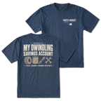 Navy T-shirt with Parts Budget Status Critical front print and My Dwindling Savings Account back design shown front and back by Trail Snark.