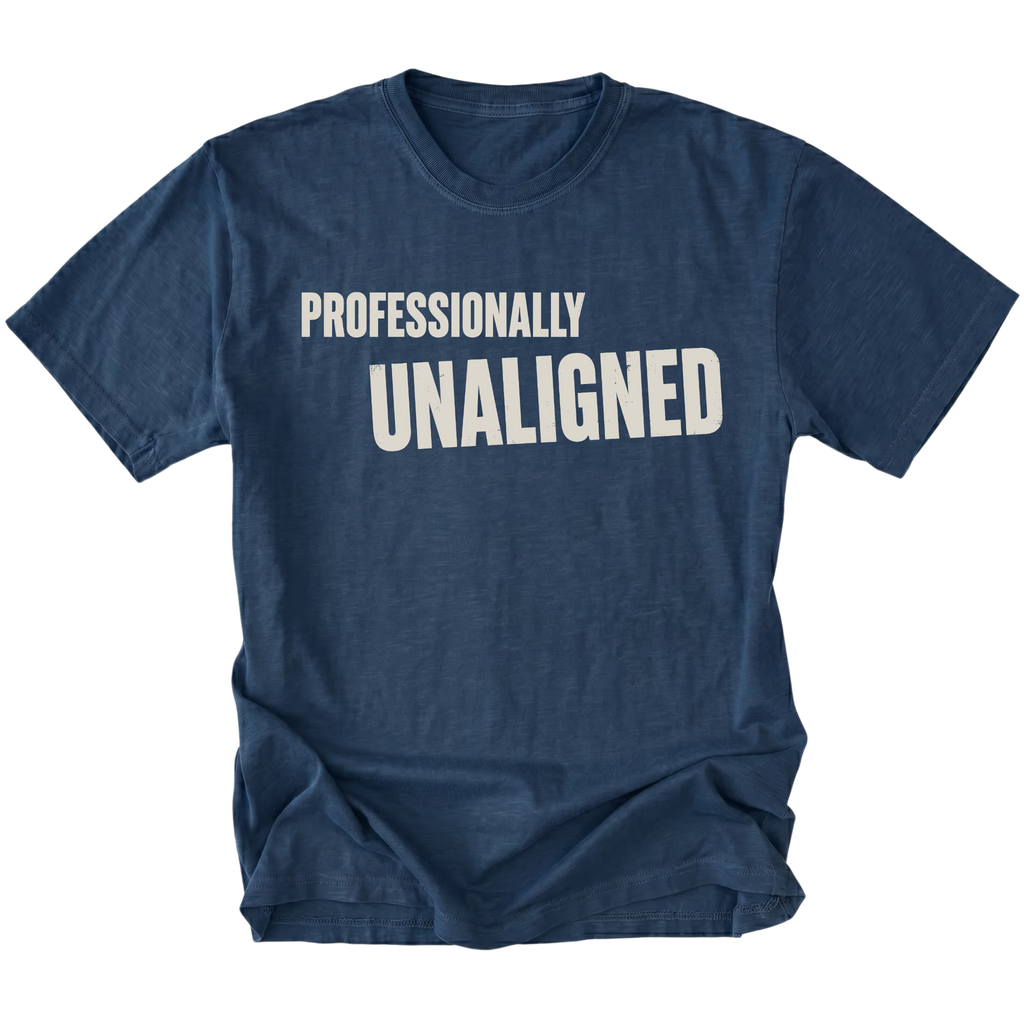 Navy T-Shirt featuring the Professionally Unaligned design on the front by Trail Snark.