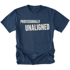 Navy T-Shirt featuring the Professionally Unaligned design on the front by Trail Snark.
