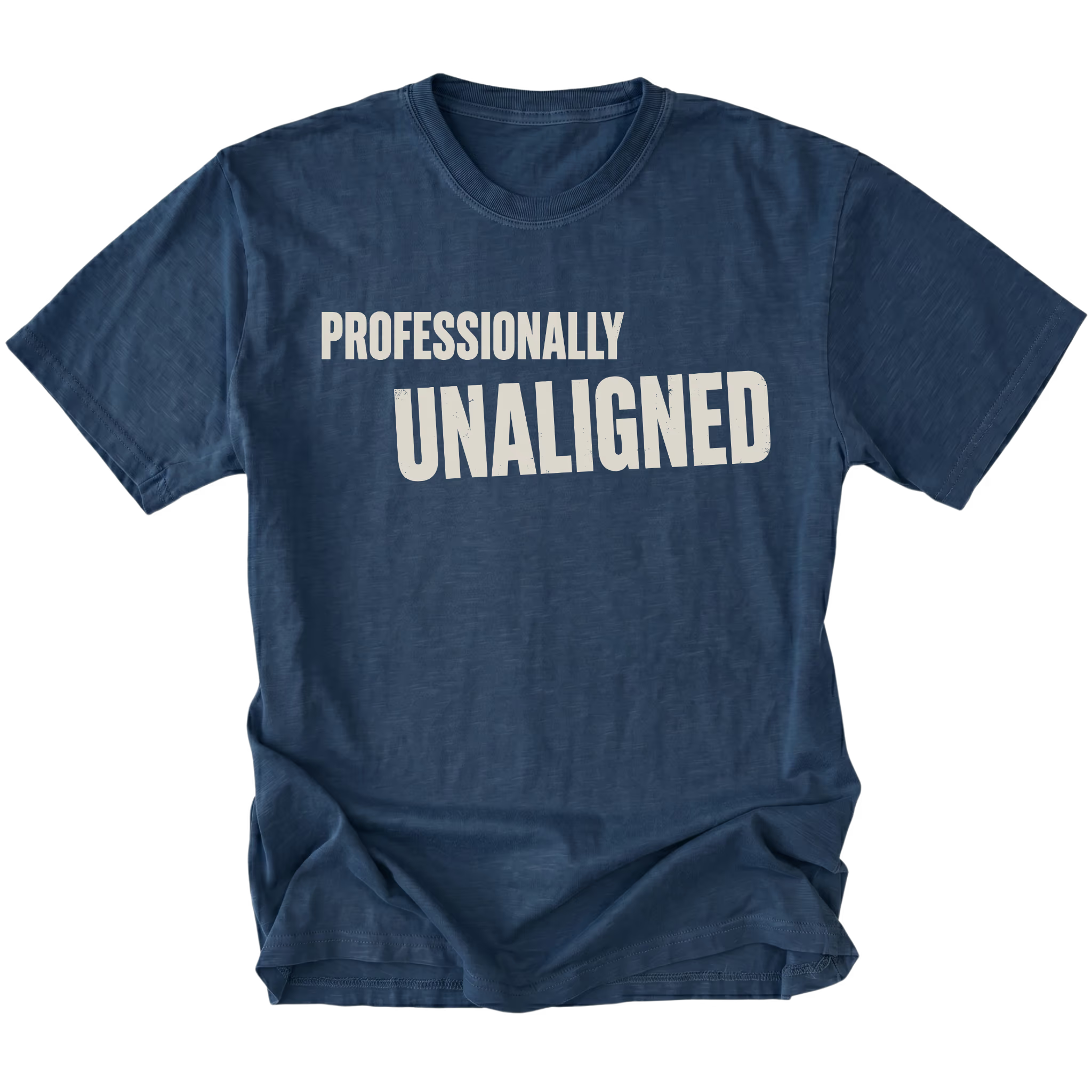 Navy T-Shirt featuring the Professionally Unaligned design on the front by Trail Snark.