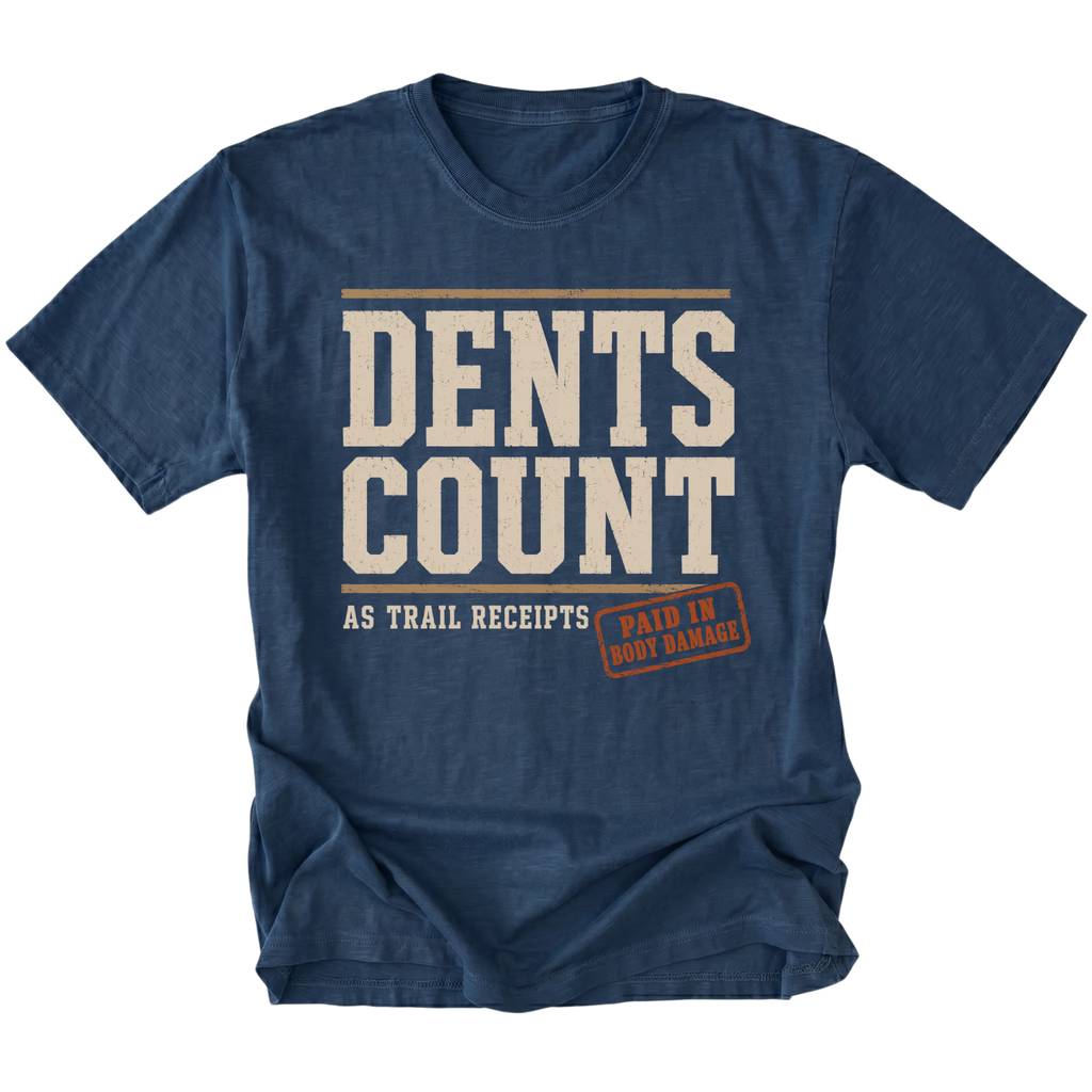 Navy T-shirt featuring the Dents Count As Trail Receipts design on the front by Trail Snark.