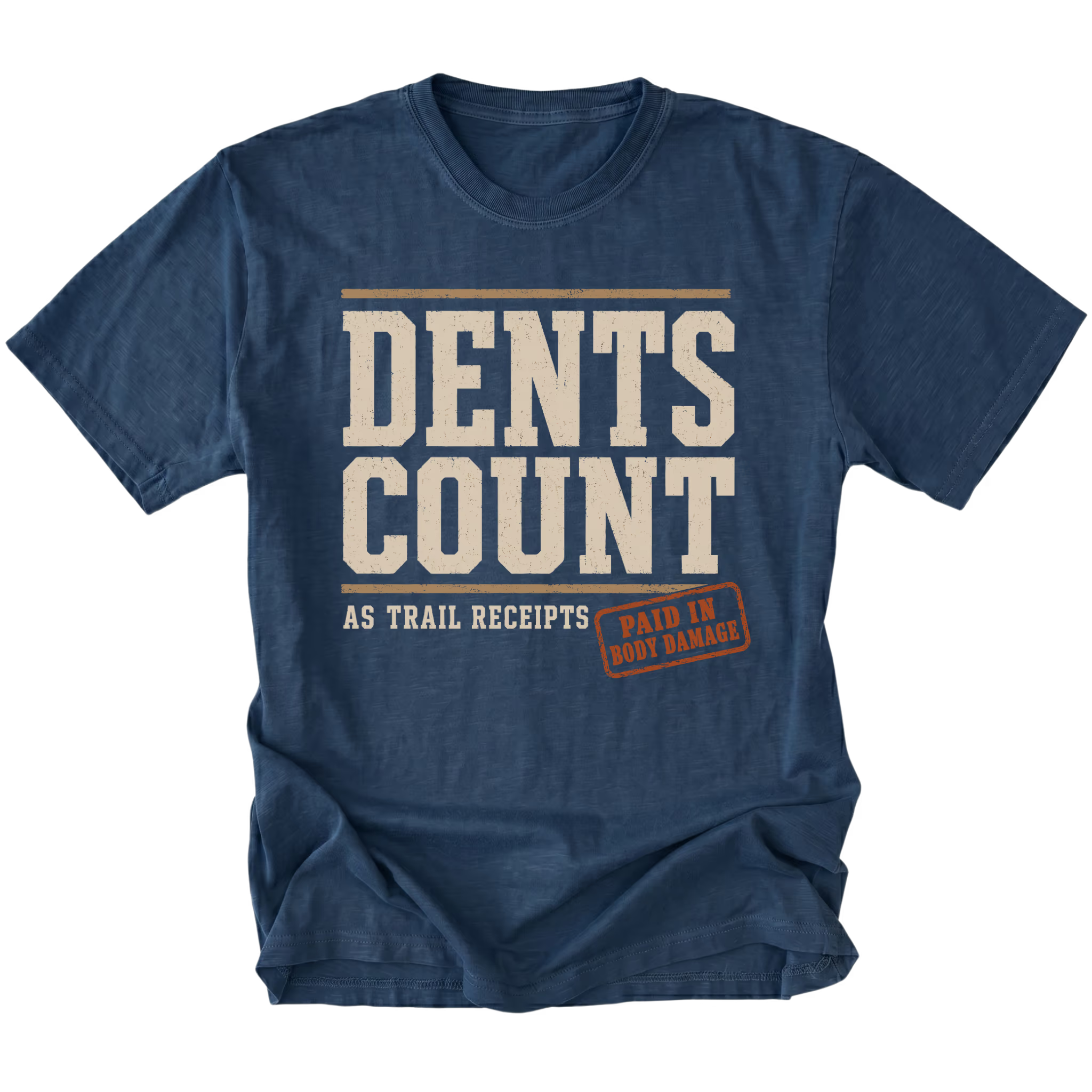 Navy T-shirt featuring the Dents Count As Trail Receipts design on the front by Trail Snark.