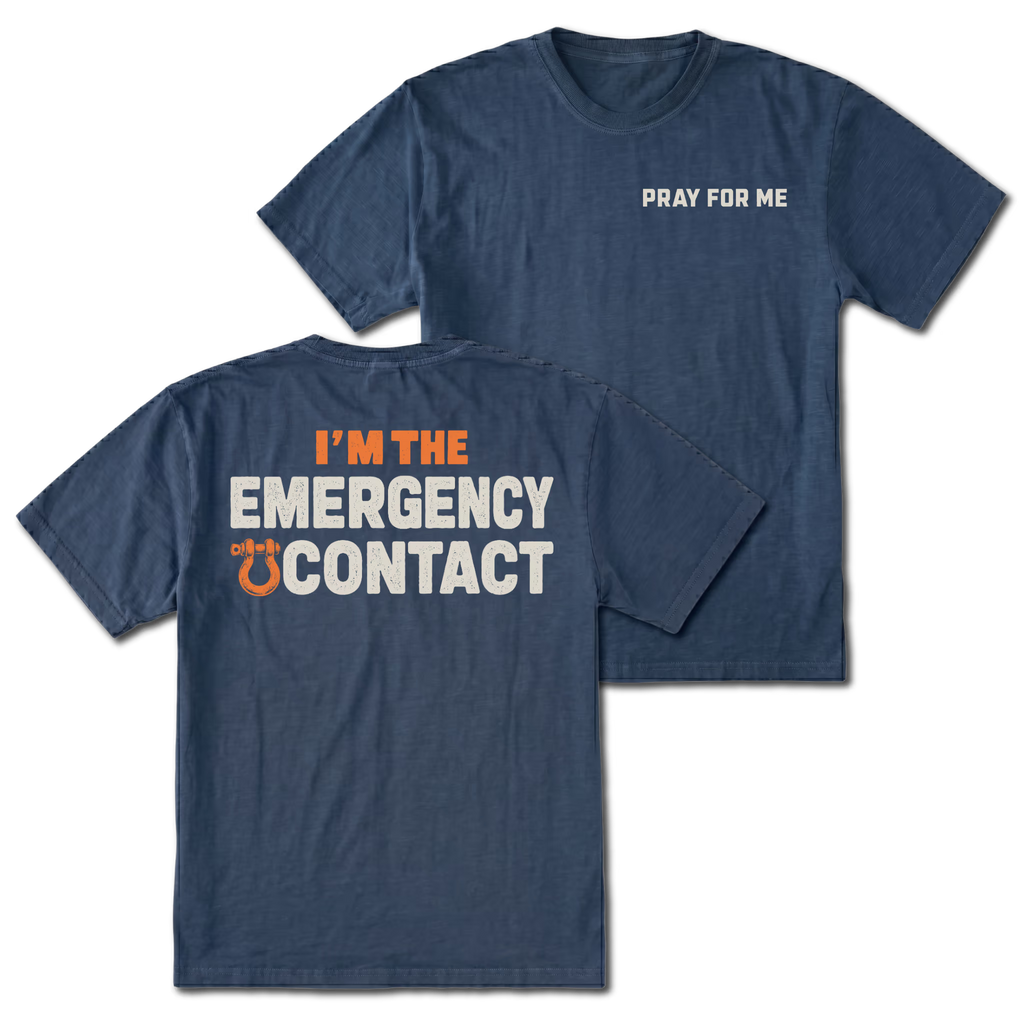 Navy T-shirt with Pray for Me on the front and the Emergency Contact design on the back by Trail Snark.