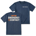 Navy T-shirt with Pray for Me on the front and the Emergency Contact design on the back by Trail Snark.