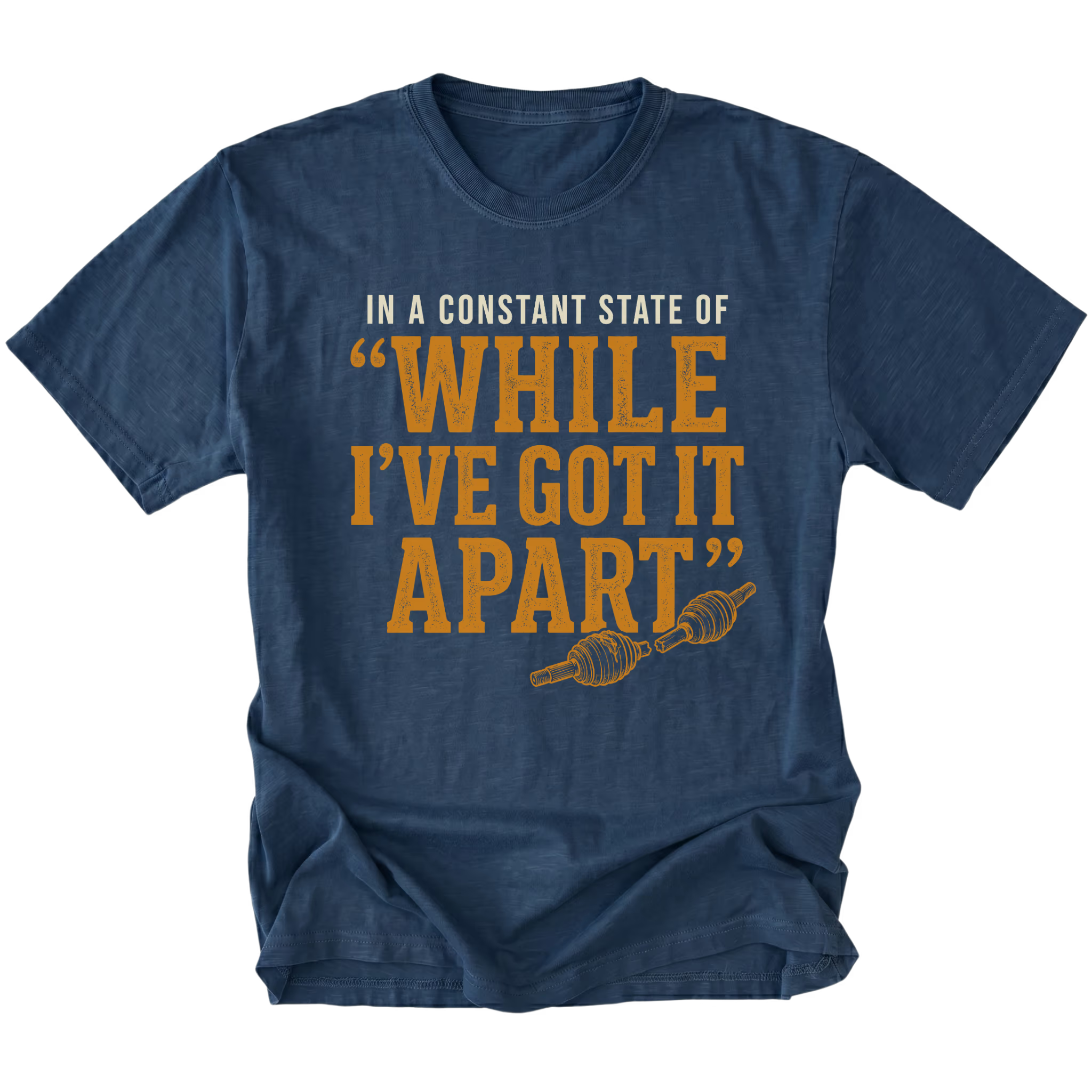 Navy T-shirt with a While I've Got It Apart off-road repair design shown from the front by Trail Snark.