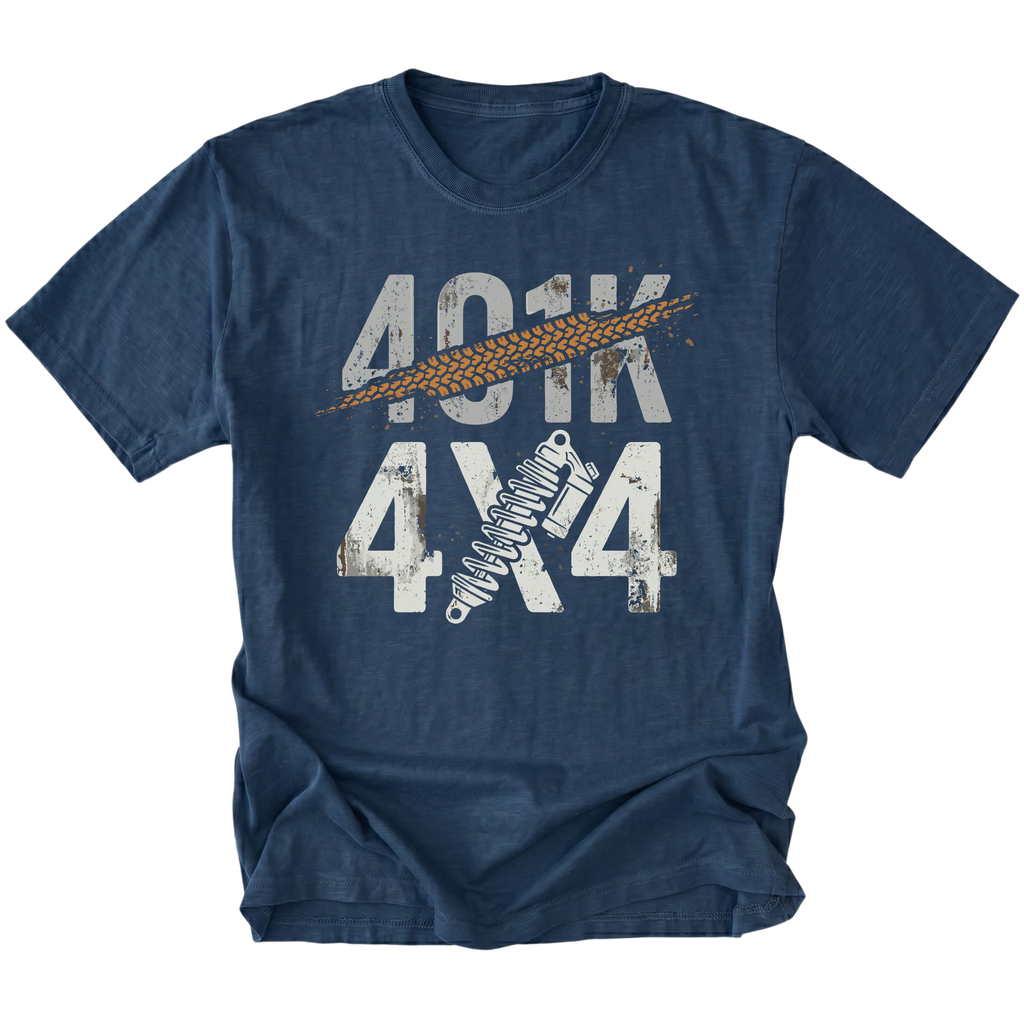 Navy T-Shirt featuring 401K 4x4 design with tire track slash and shock graphic on front view by Trail Snark.