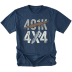 Navy T-Shirt featuring 401K 4x4 design with tire track slash and shock graphic on front view by Trail Snark.