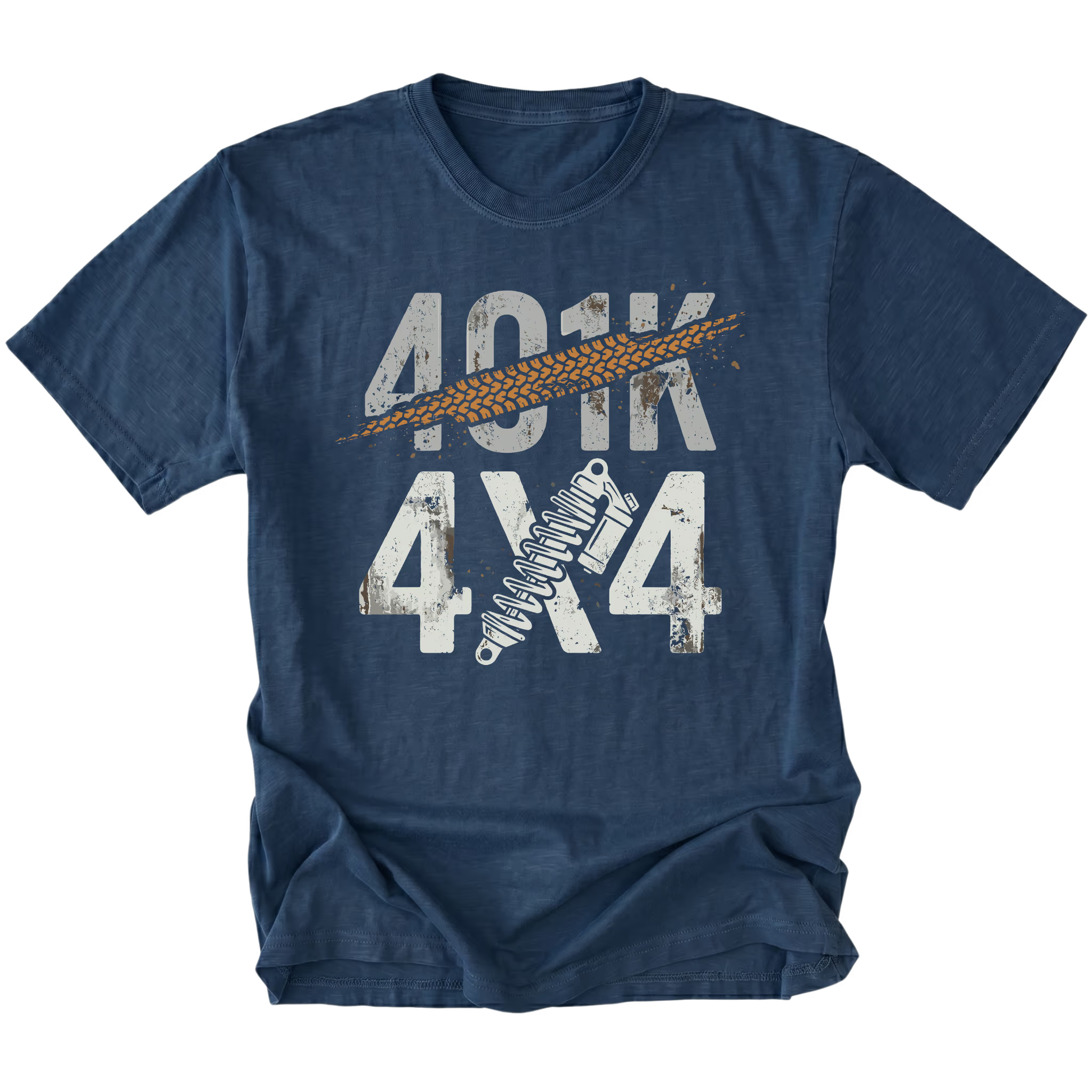 Navy T-Shirt featuring 401K 4x4 design with tire track slash and shock graphic on front view by Trail Snark.