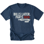 Navy t-shirt featuring Bills Later Parts Now design with suspension coilover graphic on front view by Trail Snark.