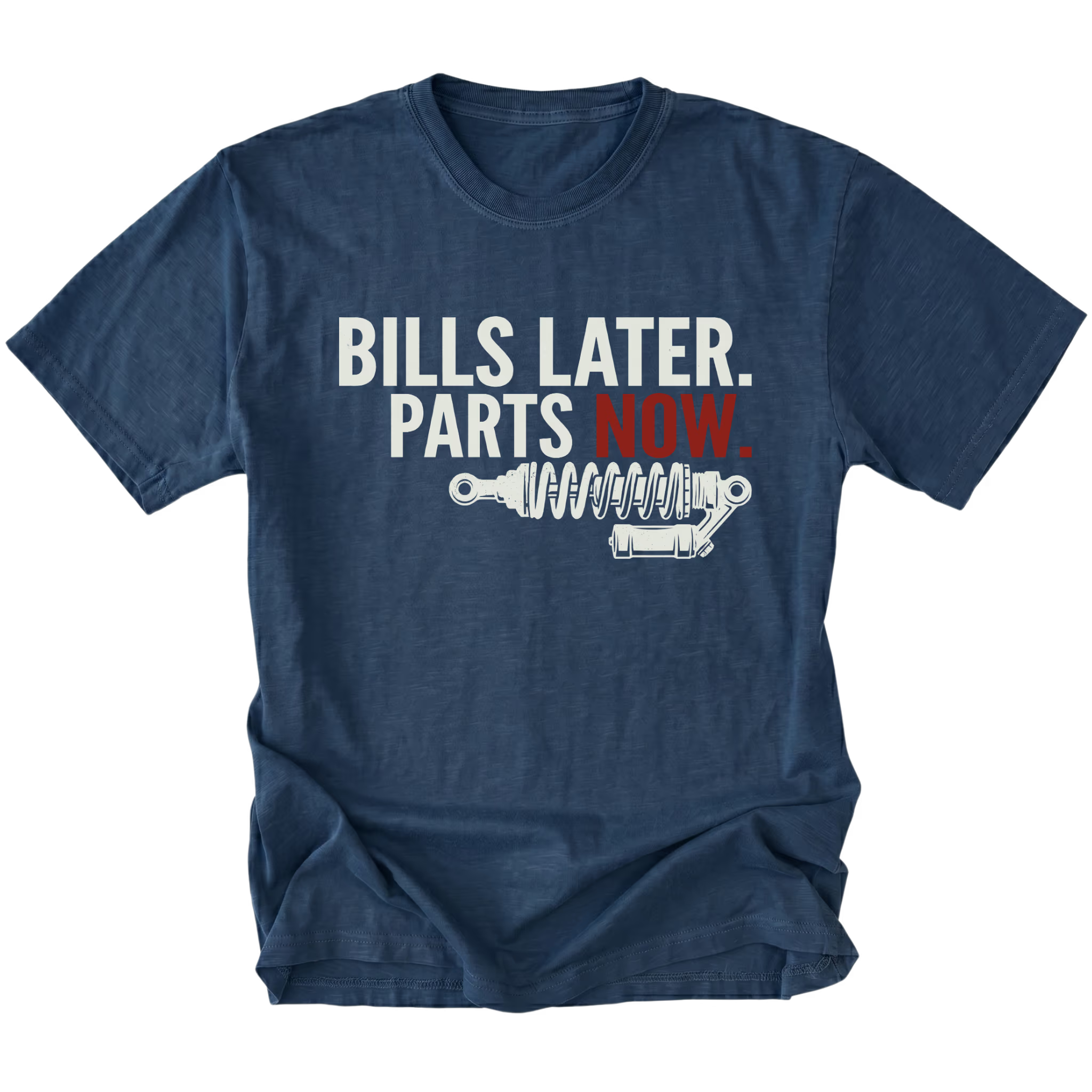 Navy t-shirt featuring Bills Later Parts Now design with suspension coilover graphic on front view by Trail Snark.