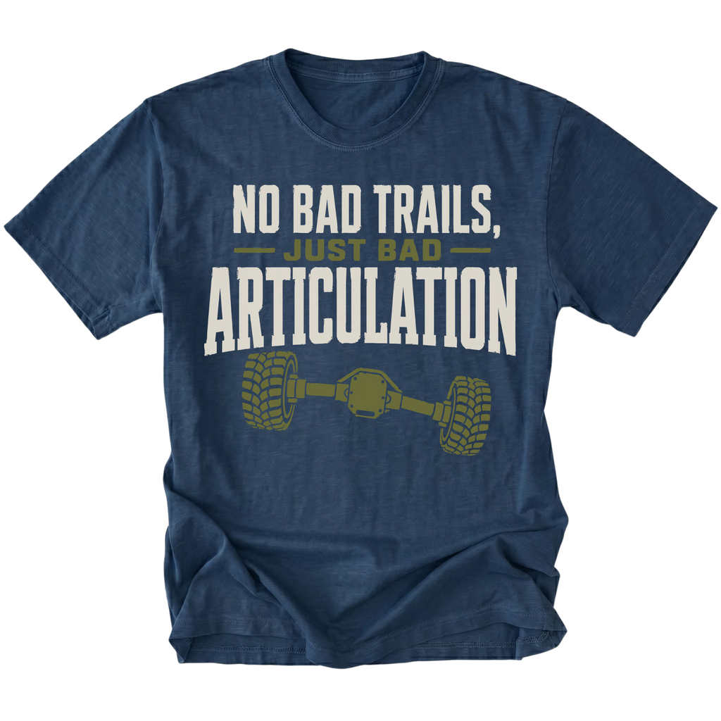 Navy T-shirt featuring the Bad Articulation axle design on the front by Trail Snark.