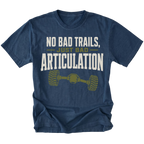 Navy T-shirt featuring the Bad Articulation axle design on the front by Trail Snark.
