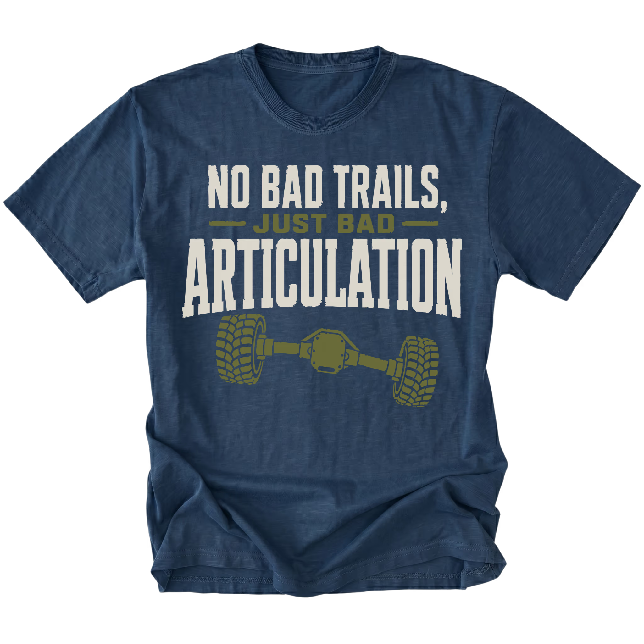Navy T-shirt featuring the Bad Articulation axle design on the front by Trail Snark.