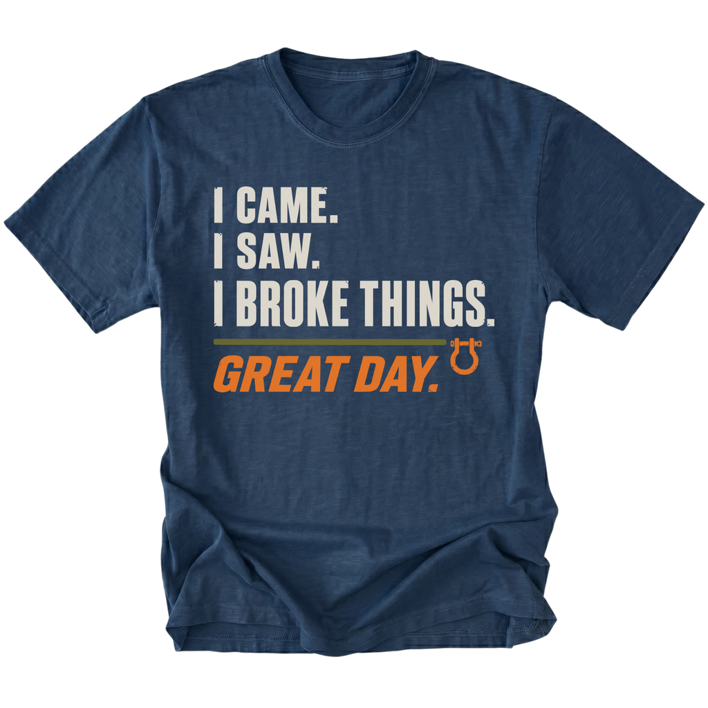 Navy T-shirt featuring the Broke Things design on the front by Trail Snark.