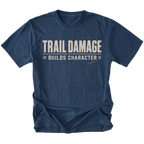 Navy T-shirt featuring the Trail Damage Builds Character design on the front by Trail Snark.