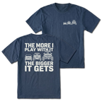 Navy T-shirt with The More I Play With It The Bigger It Gets Jeep build design shown from the back view by Trail Snark.
