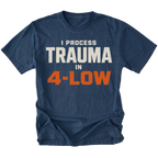 Navy t-shirt featuring the 4-Low Trauma design on the front by Trail Snark.