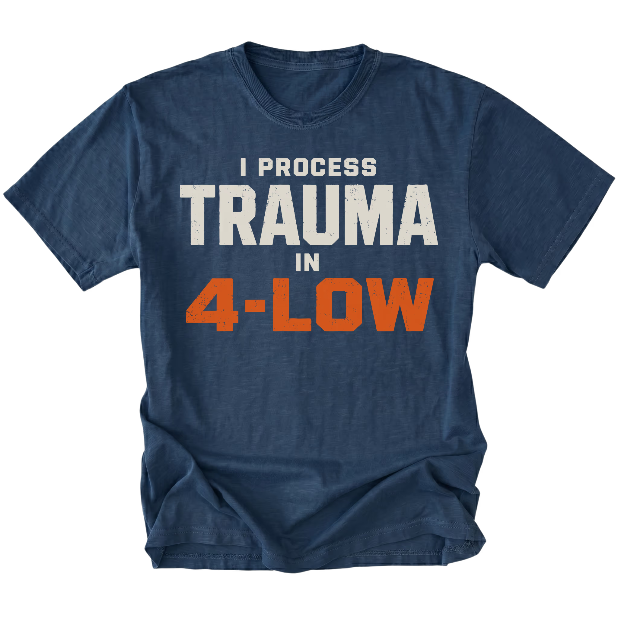 Navy t-shirt featuring the 4-Low Trauma design on the front by Trail Snark.