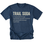A navy blue short-sleeve t-shirt with a humorous dictionary-style definition printed on the front chest reading 'TRAIL SODA' and a smaller definition below, shown on a plain white background.