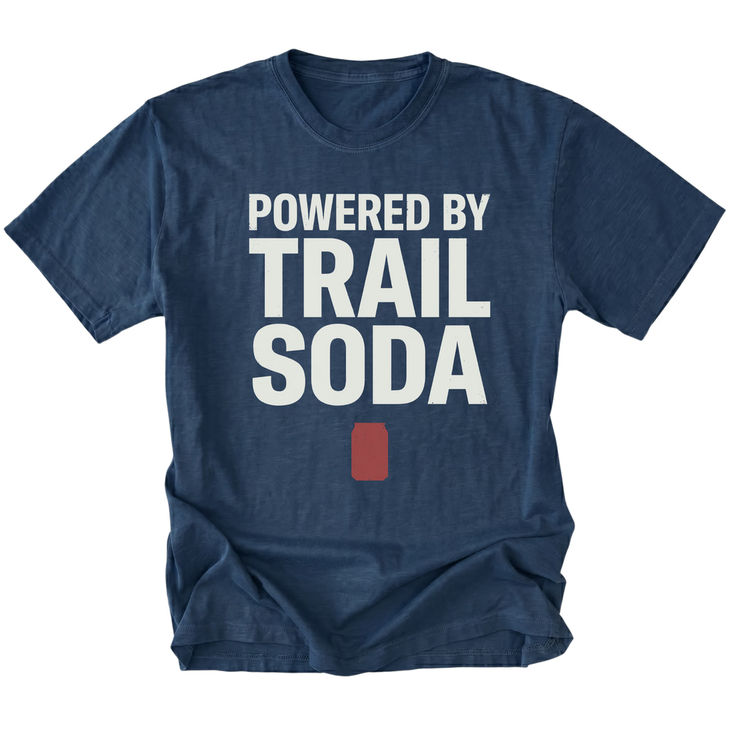 Navy T-Shirt featuring the Powered by Trail Soda design with a red can graphic on the front view by Trail Snark.