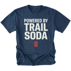 Navy T-Shirt featuring the Powered by Trail Soda design with a red can graphic on the front view by Trail Snark.