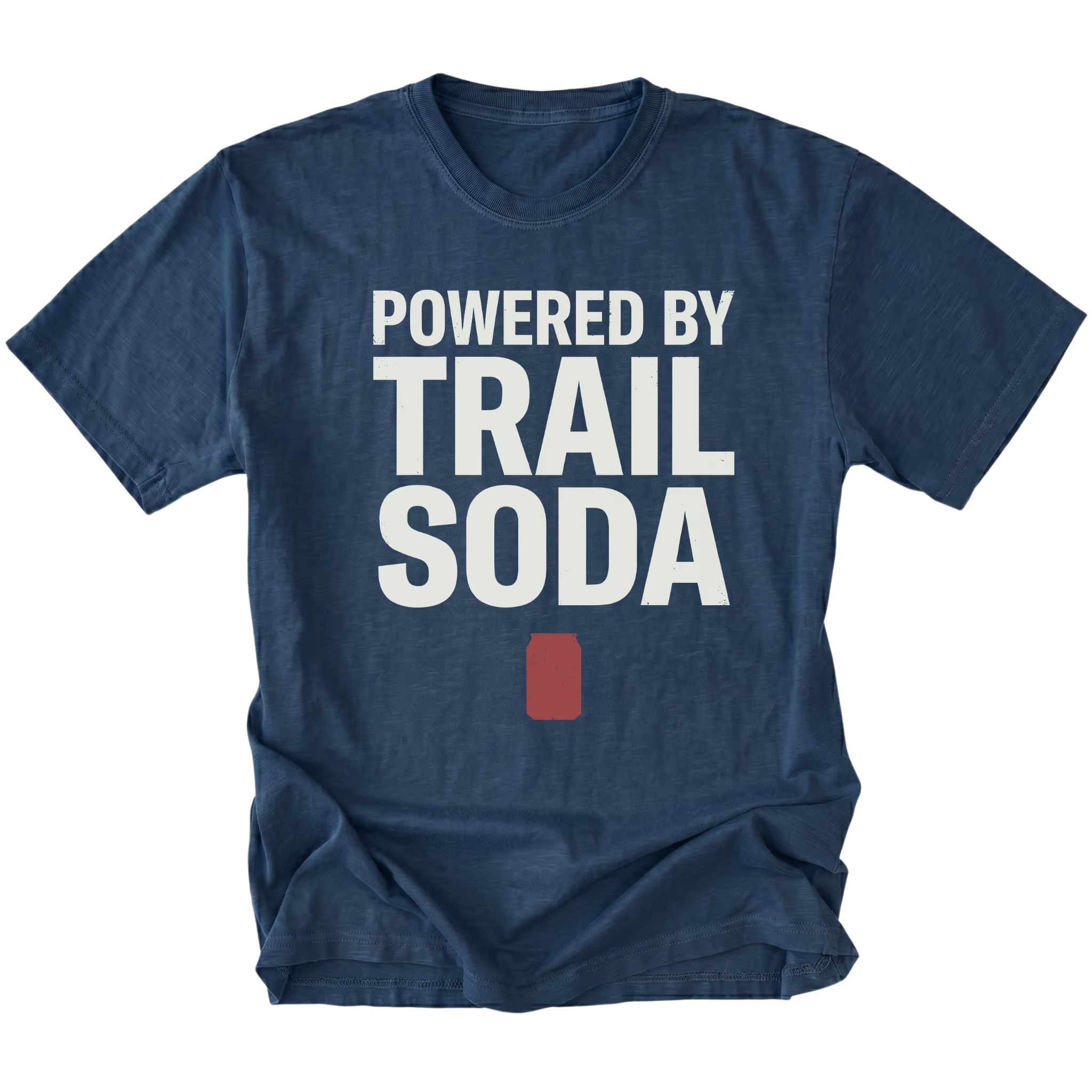Navy T-Shirt featuring the Powered by Trail Soda design with a red can graphic on the front view by Trail Snark.