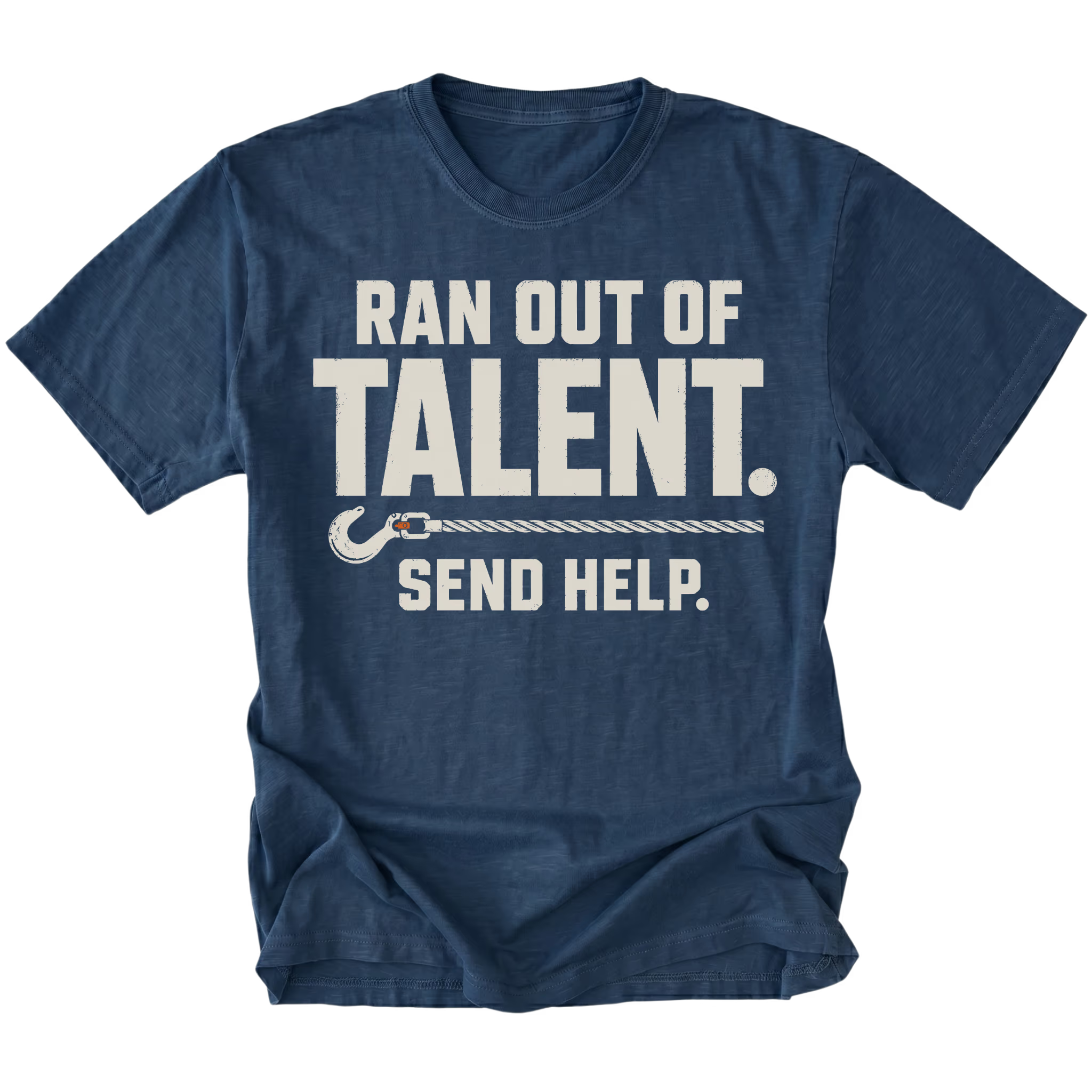Navy T-shirt featuring the Out of Talent recovery hook design on the front by Trail Snark.