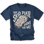 A navy blue short-sleeve t-shirt with a graphic print of a car engine block and the text 'THE SKID PLATE KNOWS THE WAY' in a distressed white font, displayed on a clean white background.