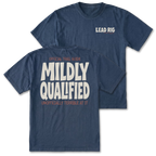 Two navy blue t-shirts shown on a white background, with the front and back views overlapping. The front shirt has 'LEAD RIG' printed in white on the left chest, and the back shirt features large white text reading 'MILDLY QUALIFIED' with smaller orange text above and below.