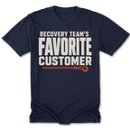 A navy blue short-sleeve t-shirt with a graphic print on the front that reads 'RECOVERY TEAM'S FAVORITE CUSTOMER' in white block letters, with an orange rope and hook illustration underneath.