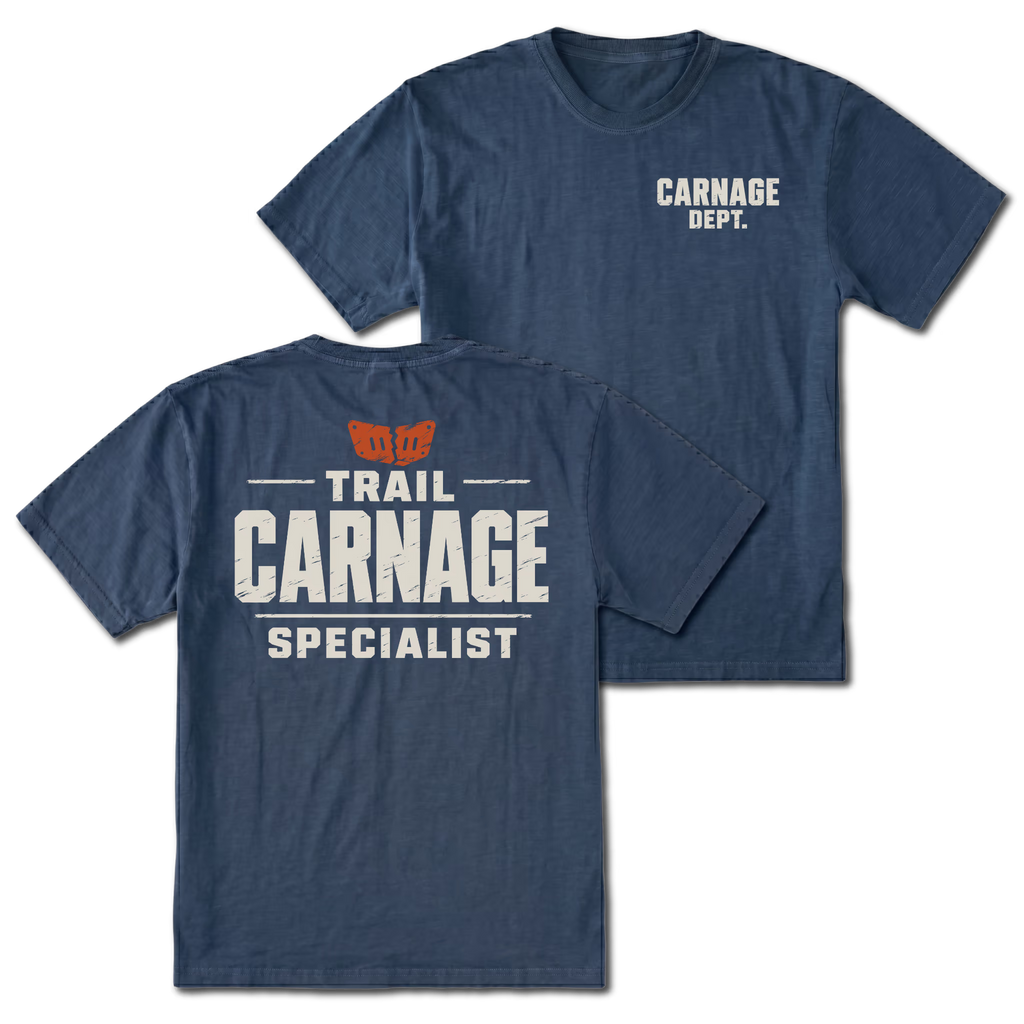 Navy T-shirt with Carnage Dept. on the front and the Trail Carnage Specialist design on the back by Trail Snark.