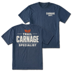 Navy T-shirt with Carnage Dept. on the front and the Trail Carnage Specialist design on the back by Trail Snark.