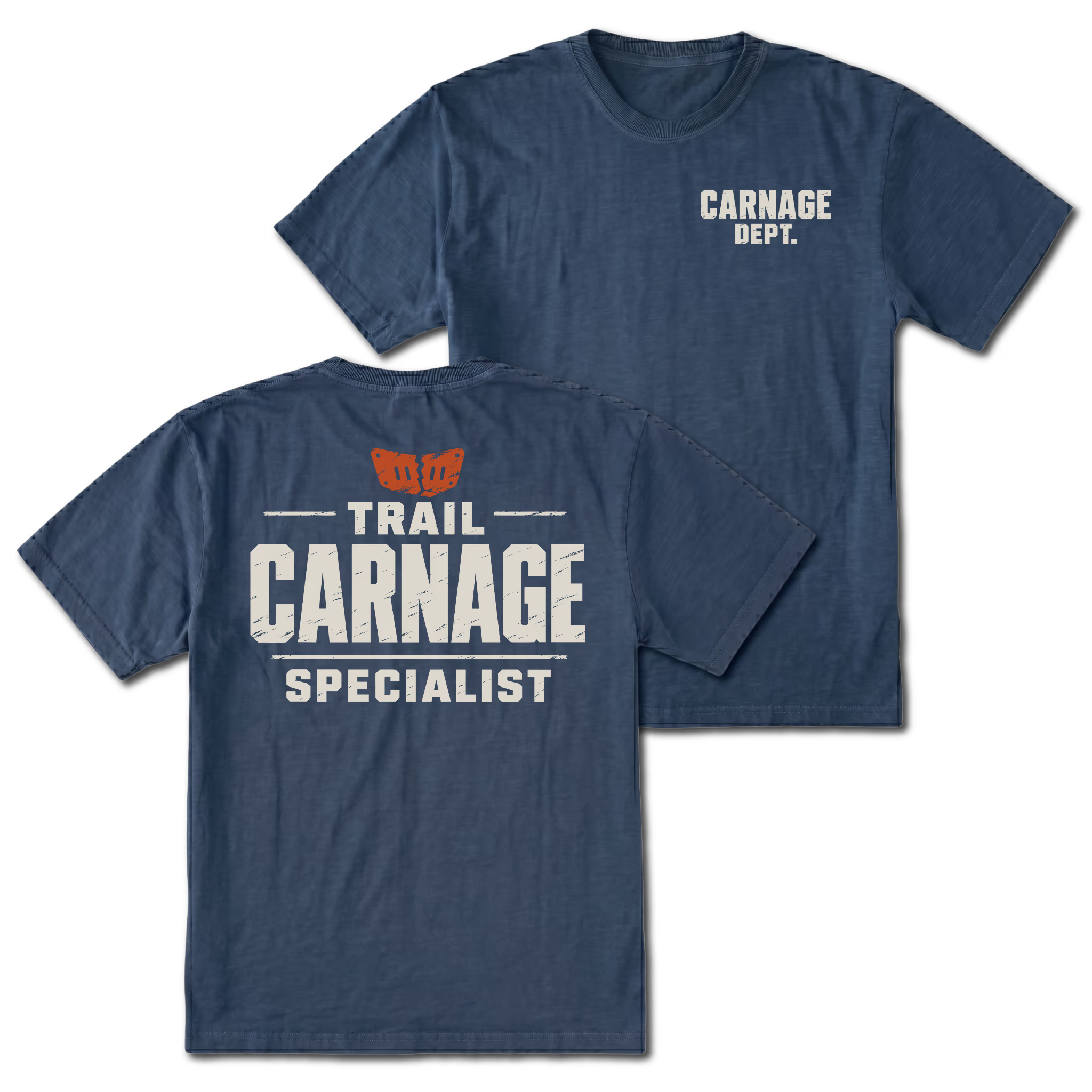 Navy T-shirt with Carnage Dept. on the front and the Trail Carnage Specialist design on the back by Trail Snark.