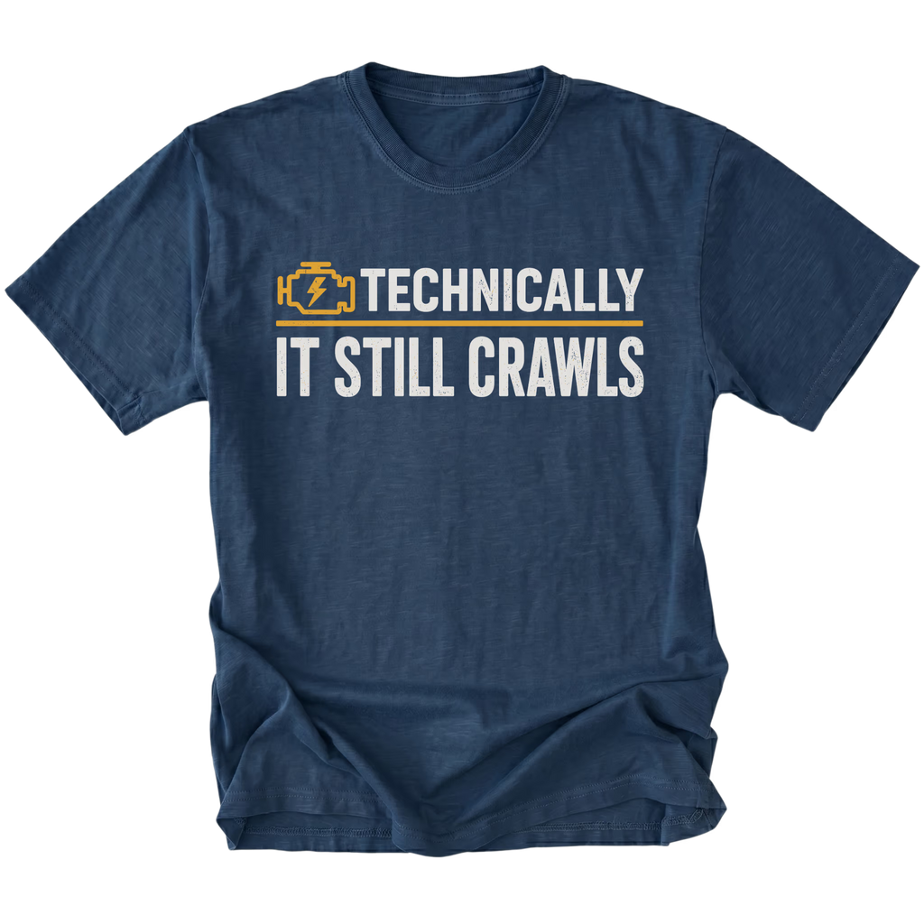 Navy T-Shirt featuring the Technically It Still Crawls design on the front by Trail Snark.