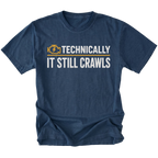 Navy T-Shirt featuring the Technically It Still Crawls design on the front by Trail Snark.