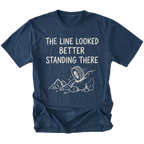 Navy T-Shirt with hand-drawn tire and rocks graphic and text reading “The Line Looked Better Standing There” shown on front view by Trail Snark.
